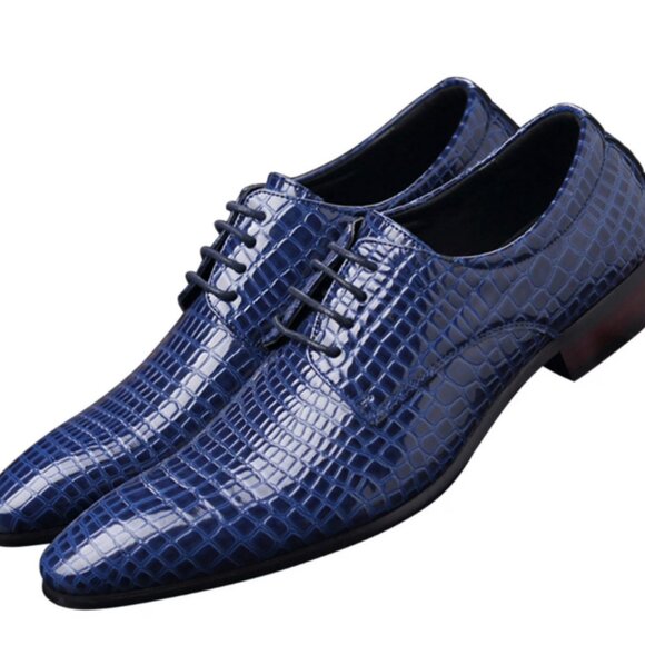 Santimon Men's US 8, 10 Blue Alligator Pattern Pointed Toe Lace Up Derby Shoes - Picture 1 of 11